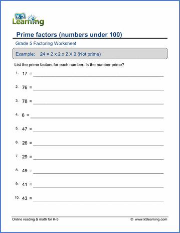 Grade 5 Factoring Worksheets: Prime factors (numbers under 100 ...