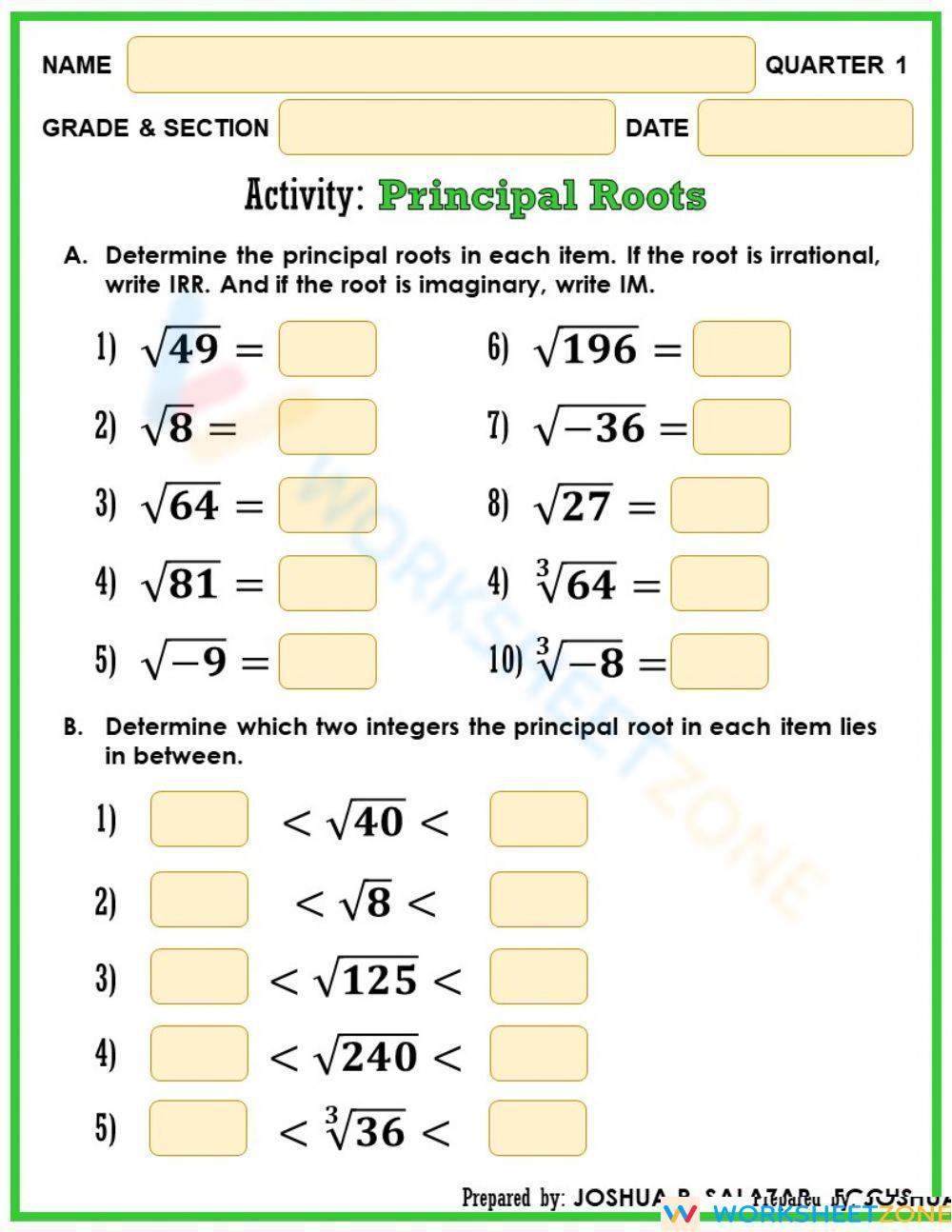 Principal Roots Worksheet