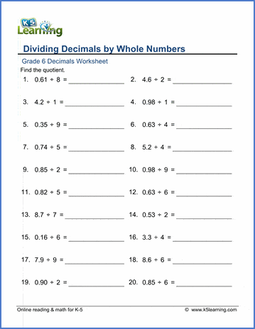 Grade 6Math Worksheets: Dividing decimals by whole numbers | Worsheets library...