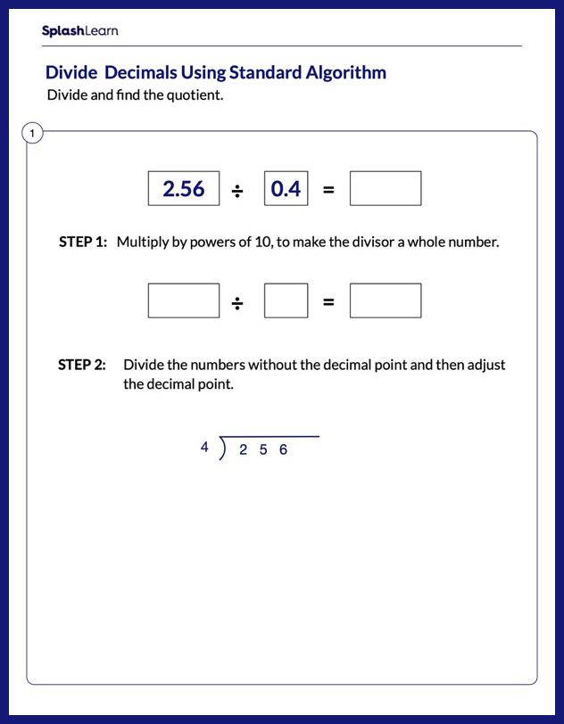 Demonstrate Steps to Divide Decimals - Math Worksheets - SplashLearn