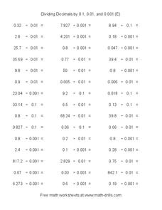 Dividing Decimals by 0.1, 0.01, and 0.001 (E) Worksheet for 5th ...