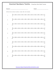 Decimals on Number Lines Worksheets
