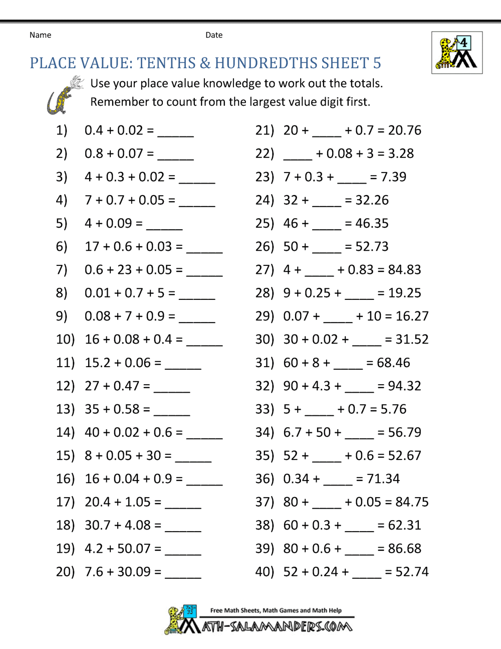print decimal worksheet