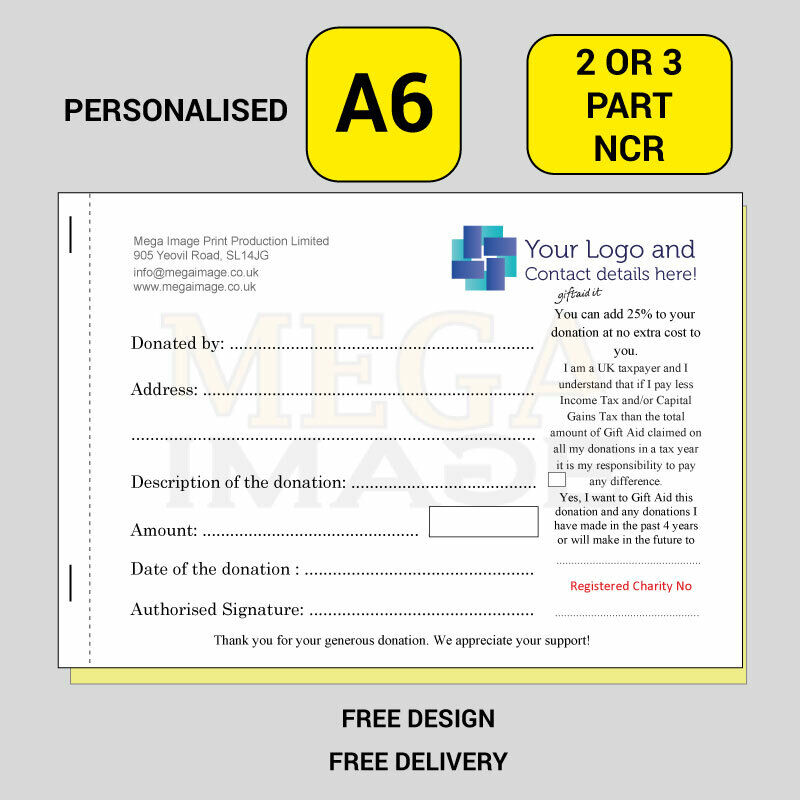DONATION RECEIPT A6 PERSONALISED PRINTED NCR, DUPLICATE OR ...