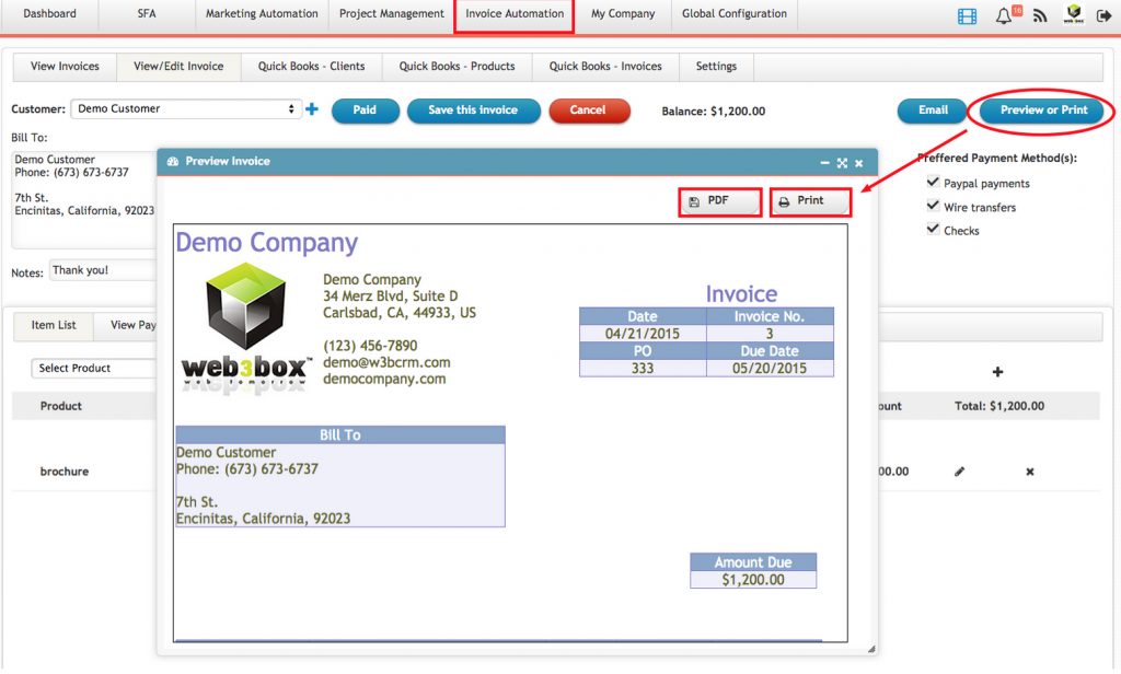 Print Invoices from CRM - Online Invoicing System - W3B Management ...
