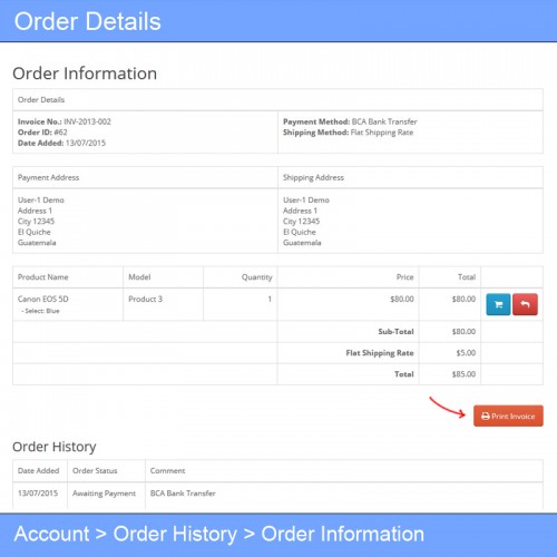OpenCart - Auto Generate &  Customer Print Invoice