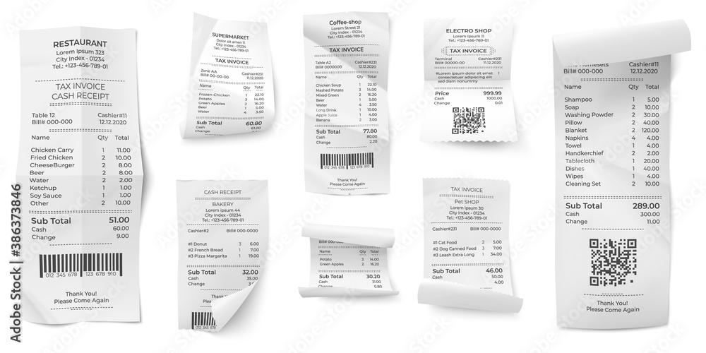 Receipts bill. Atm paper prints, paying ticket shop or store ...