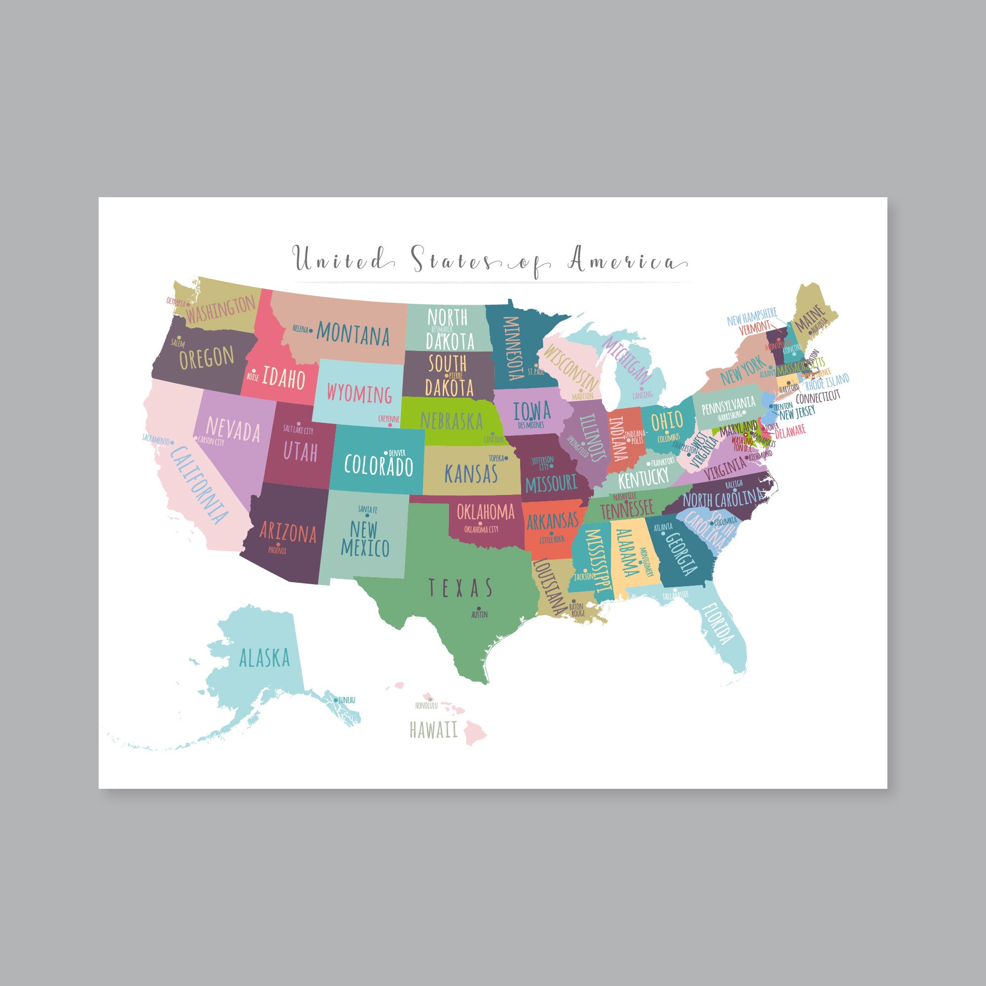 US Map Capitals Wall Art PRINTABLE - Print Map Of United States With Capitals 28 