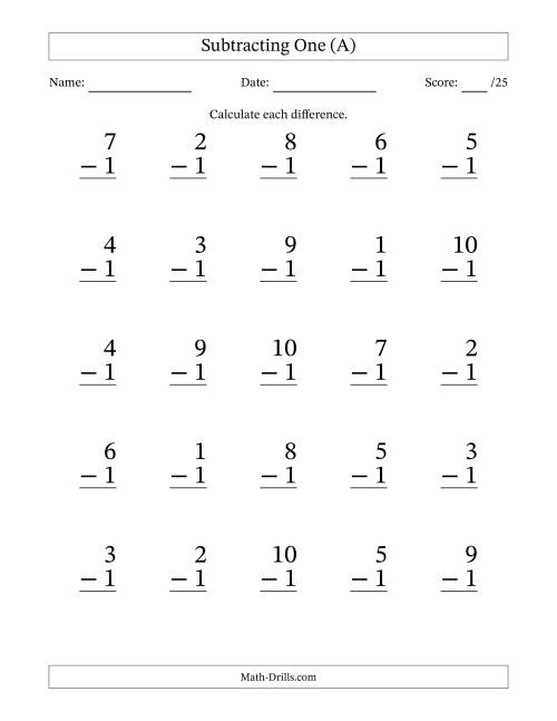 Subtracting One With Differences from 0 to 9 - 25 Large Print ...