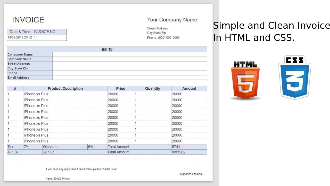 Print Ready Invoice in HTML and CSS.. - Worksheets Library