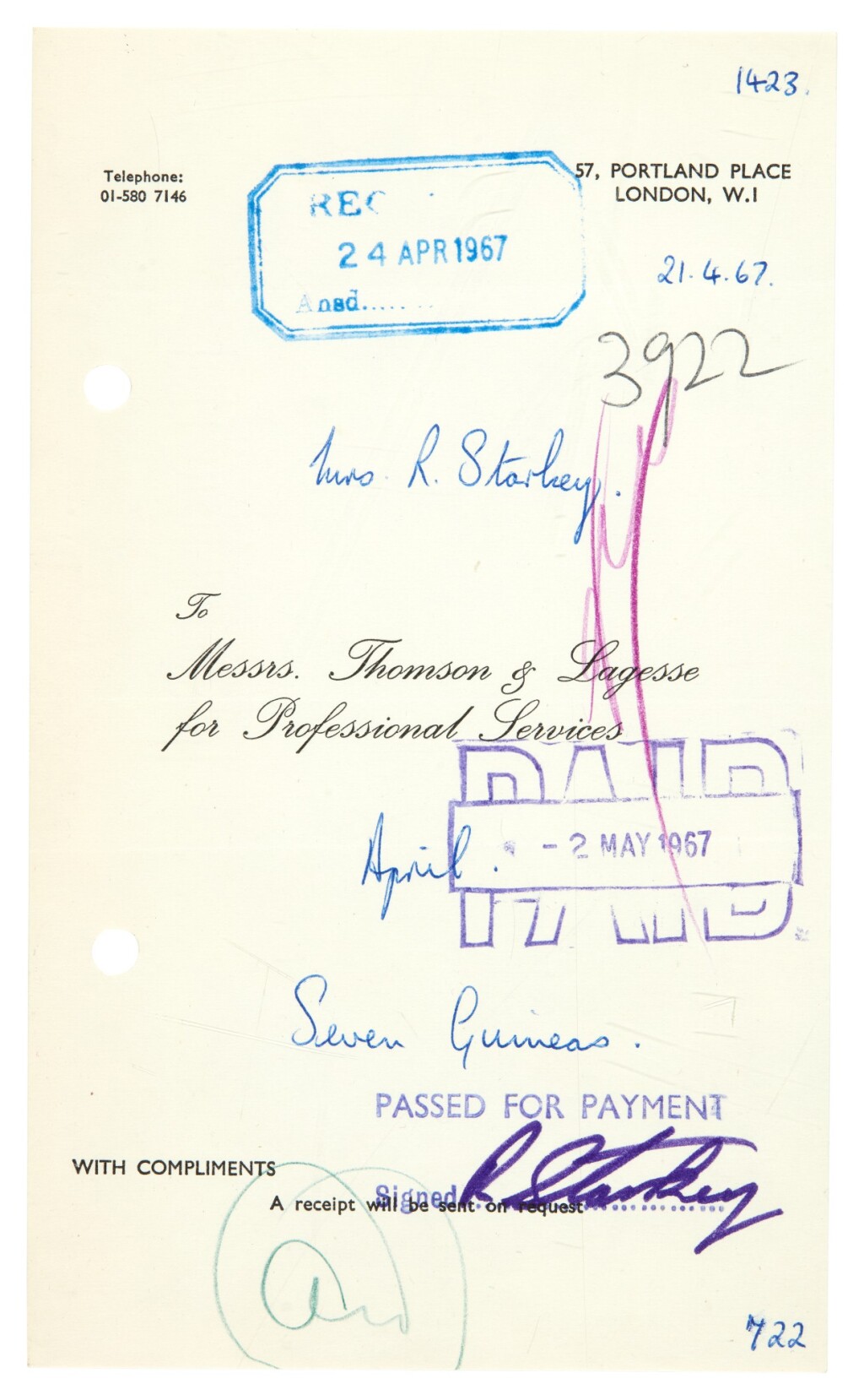 Ringo Starr | Invoice, from Messrs. Thomson &  Lagesse of 57 ...