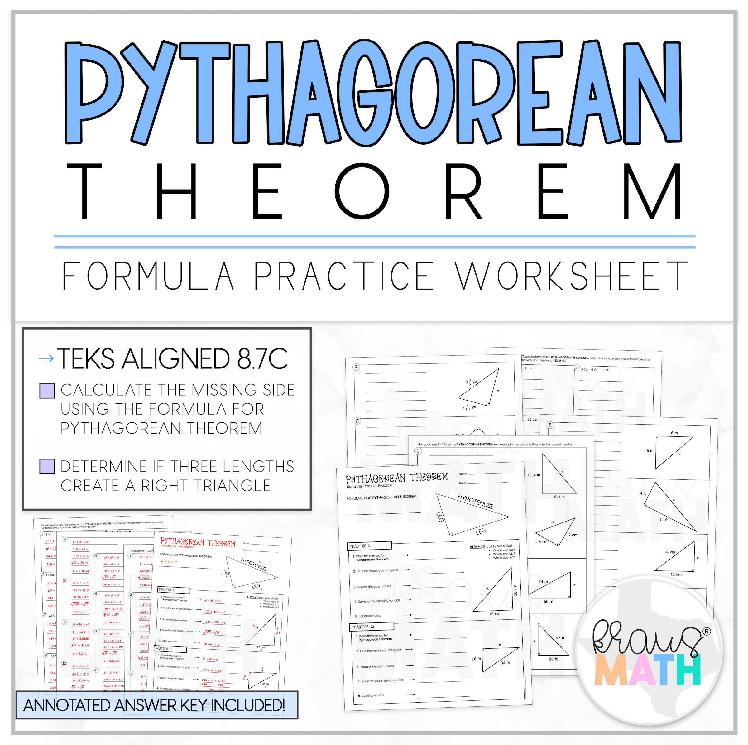 Pythagorean Theorem Guided Practice Worksheet | TEKS 8.7C - Kraus Math