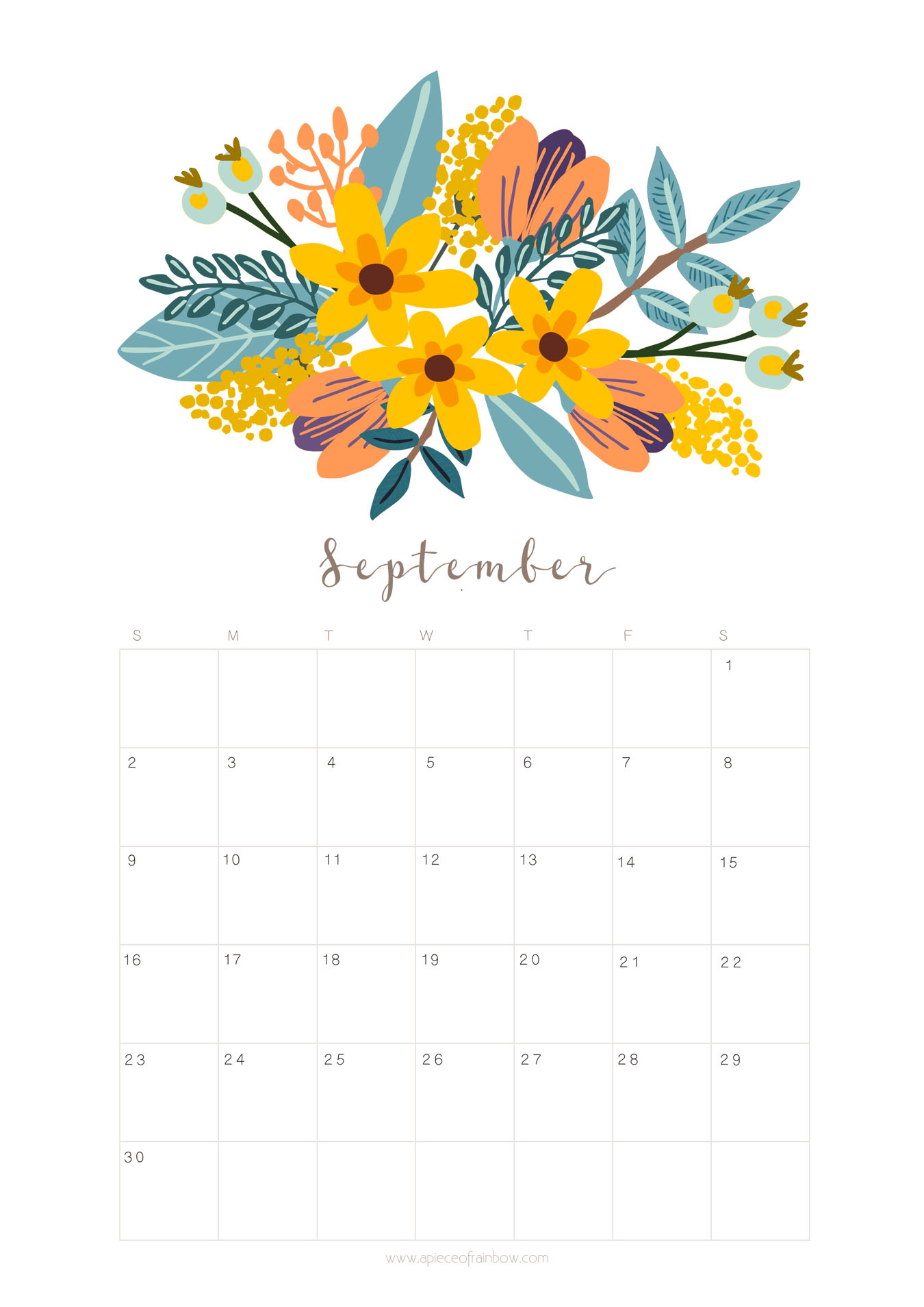 Printable September 2018 Calendar Monthly Planner - Floral Design ...