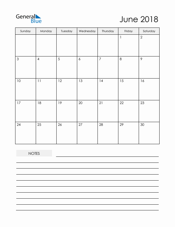June 2018 Monthly Planner Calendar
