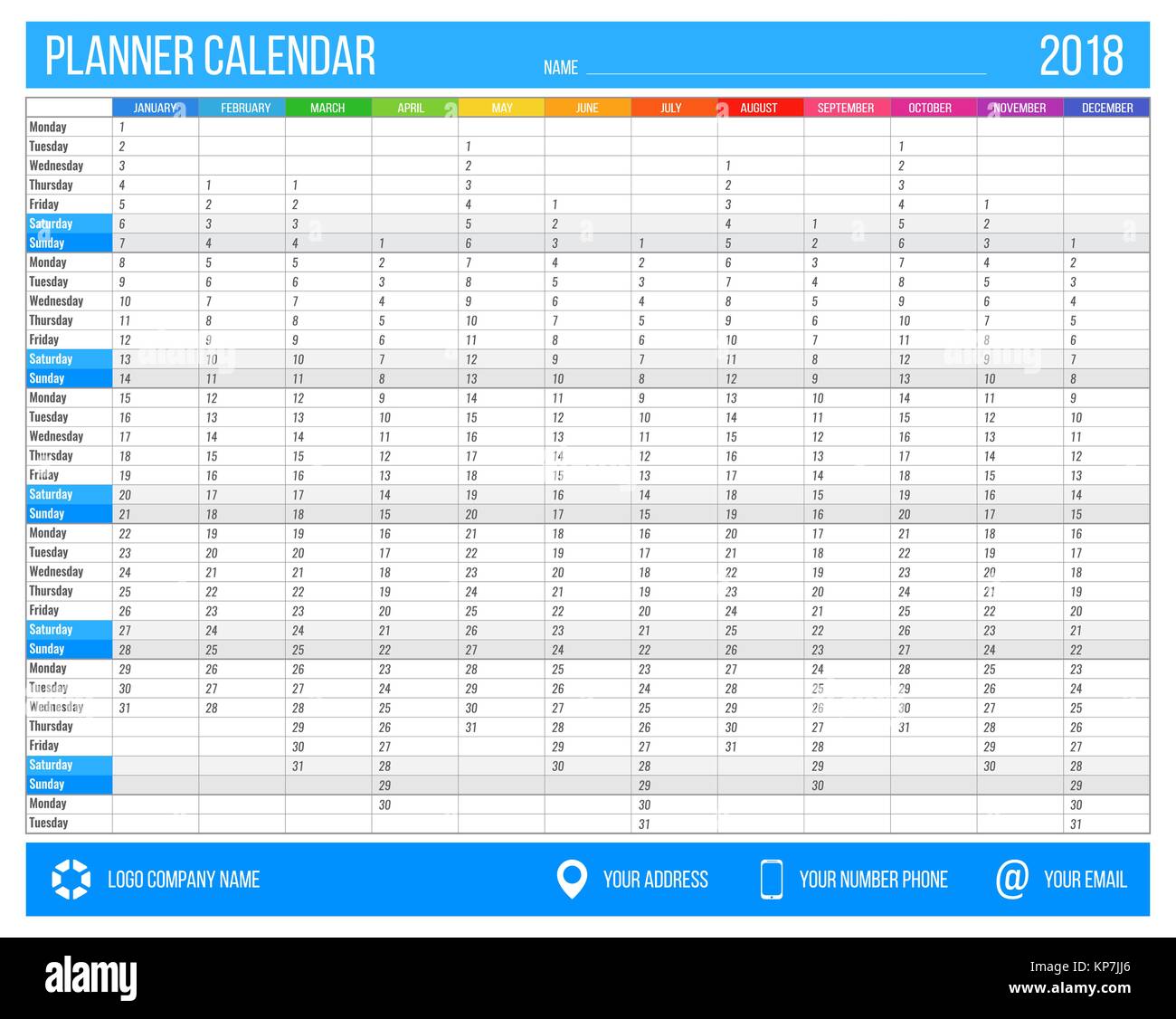 English calendar planner for year 2018. 12 months, corporate ...
