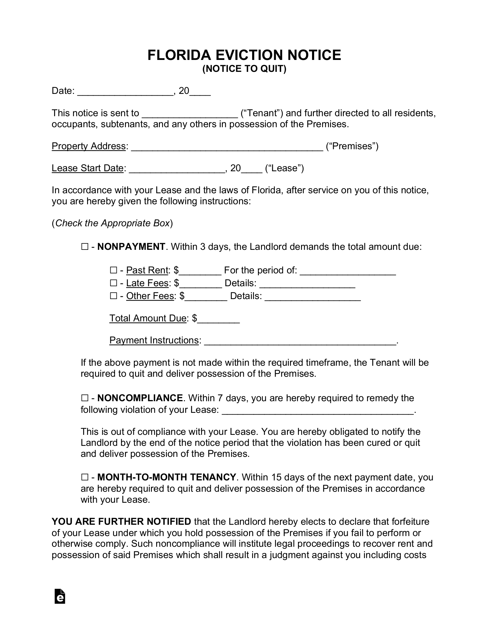 Free Florida Eviction Notice Forms (3) - PDF | Word - eForms