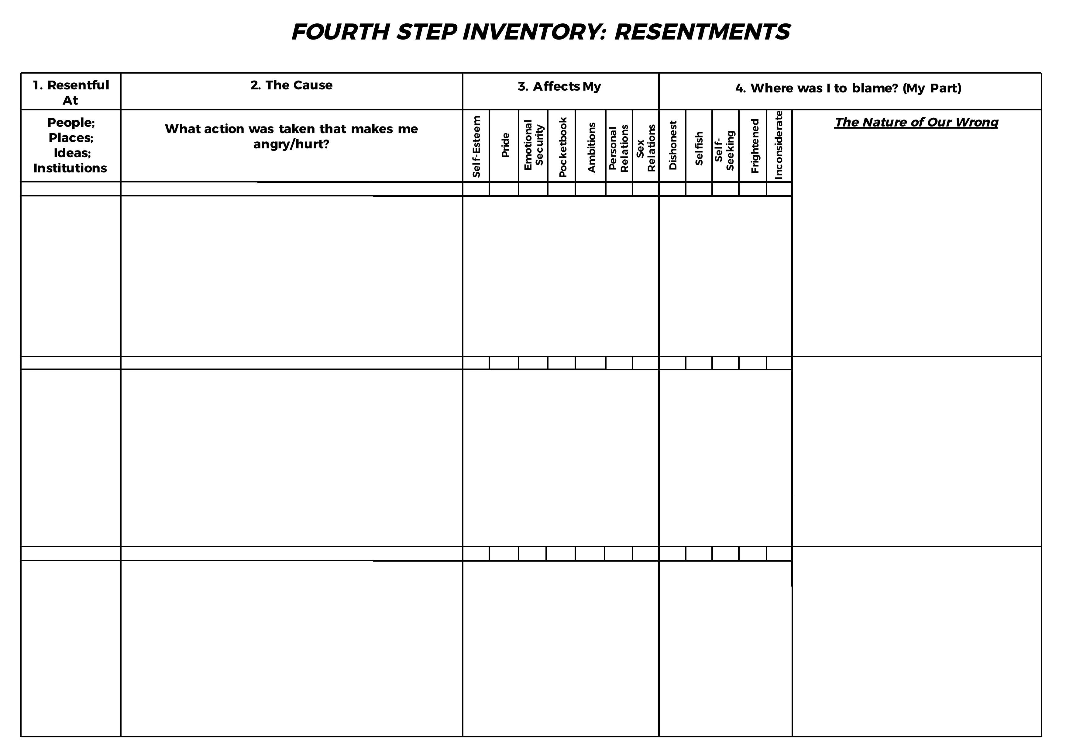 printable 4th step questions aa