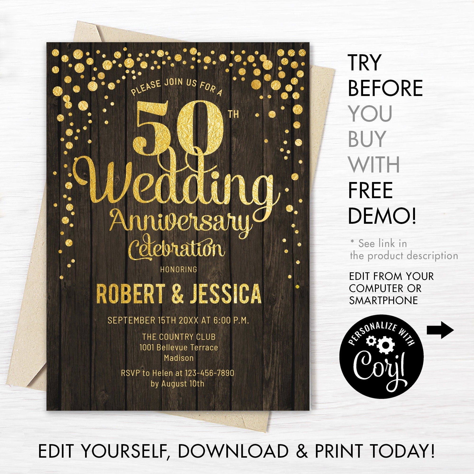 50th Wedding Anniversary Party Invitation INSTANT DOWNLOAD Digital ...