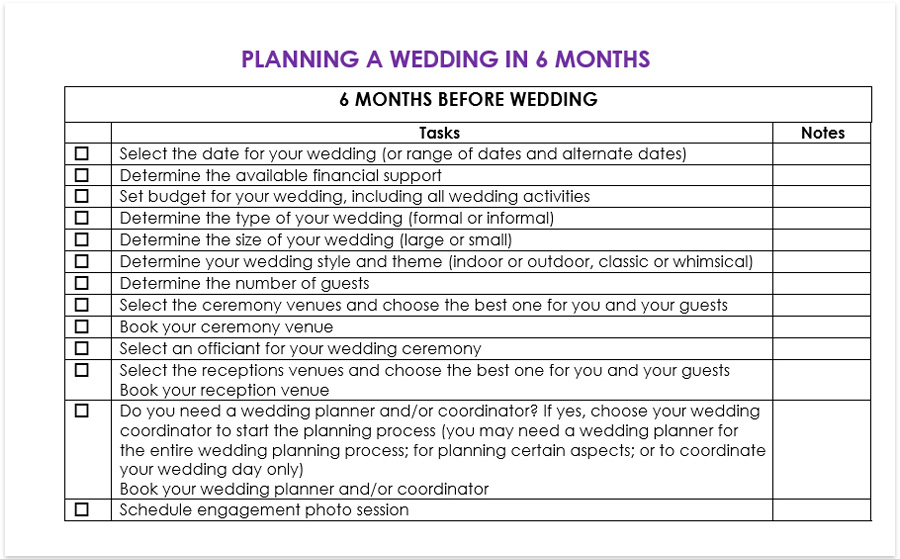 Planning a wedding in 6 months wedding checklist printable