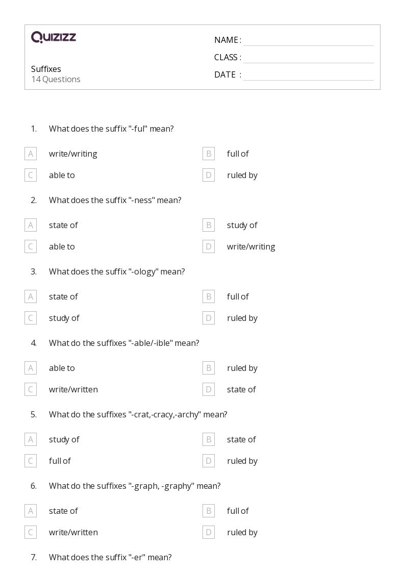 50+ Suffixes worksheets for 6th Grade on Quizizz | Free &  Printable