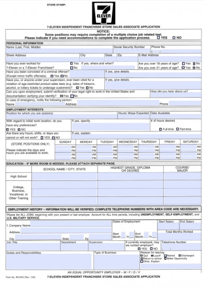 Download 7-Eleven Job Application Form | Fillable PDF