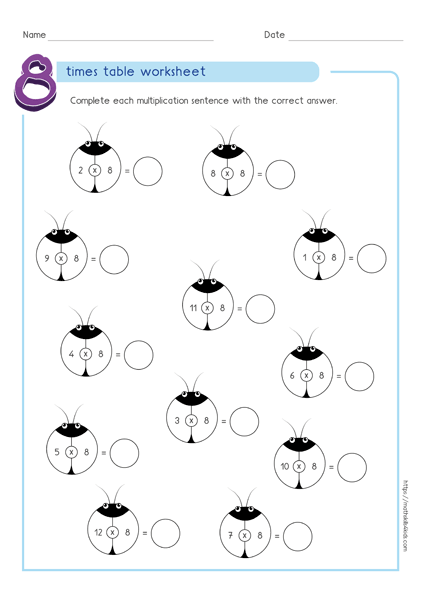 printable 8 times table quiz