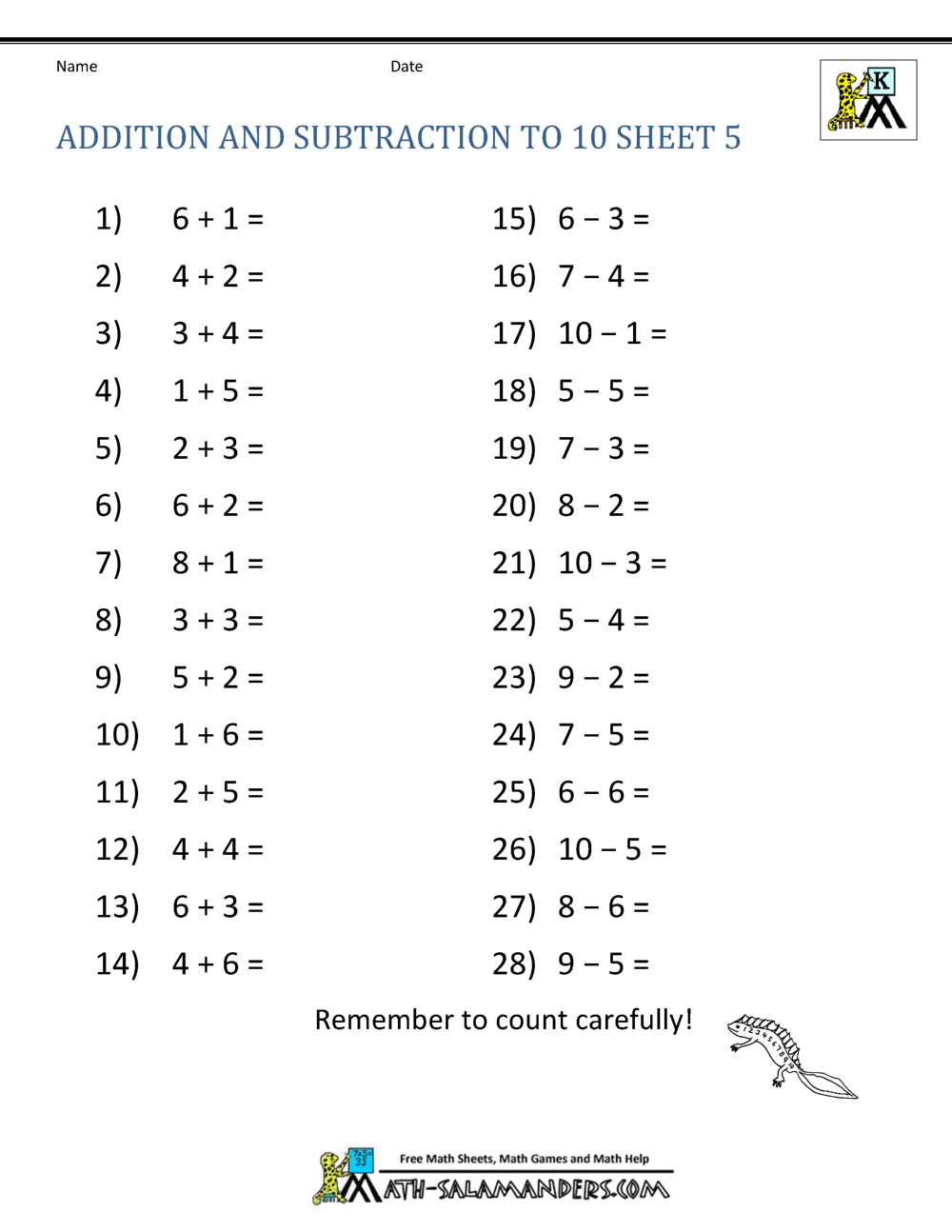 printable addition and subtraction worksheet for kindergarten