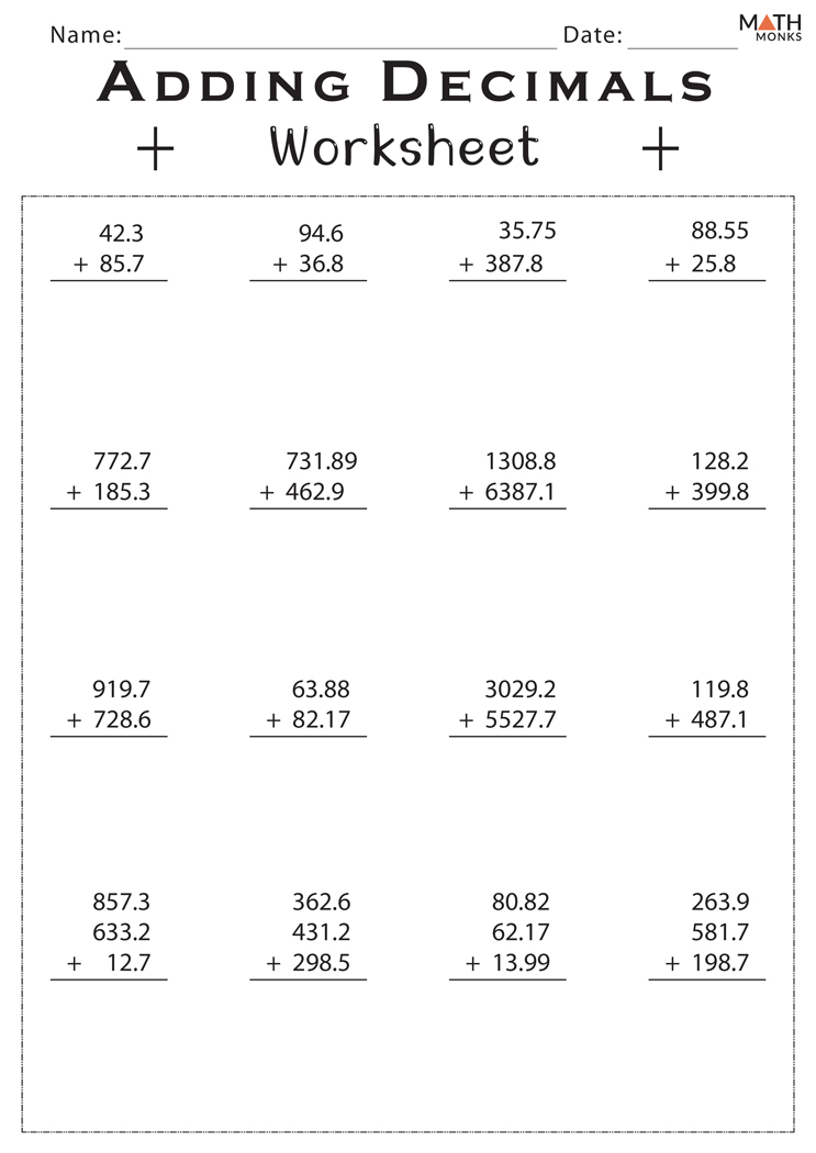 printable addition decimals worksheet