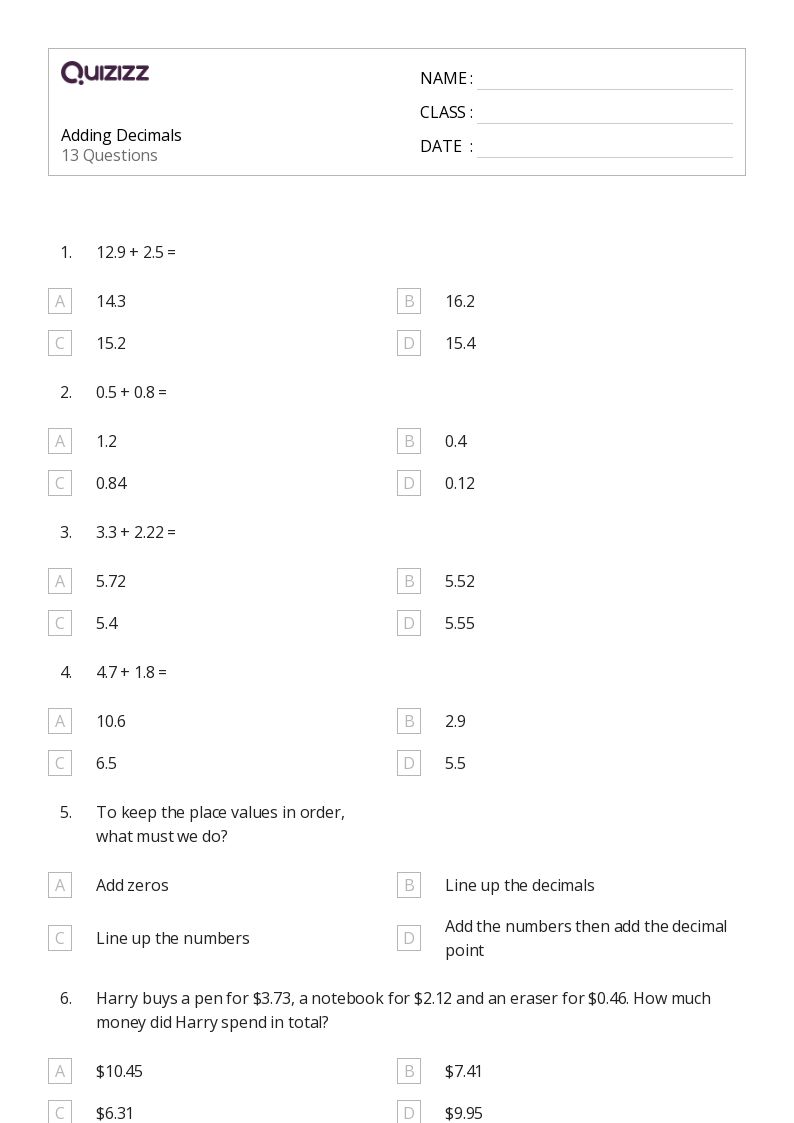 50+ Adding Decimals worksheets for Kindergarten on Quizizz | Free ...
