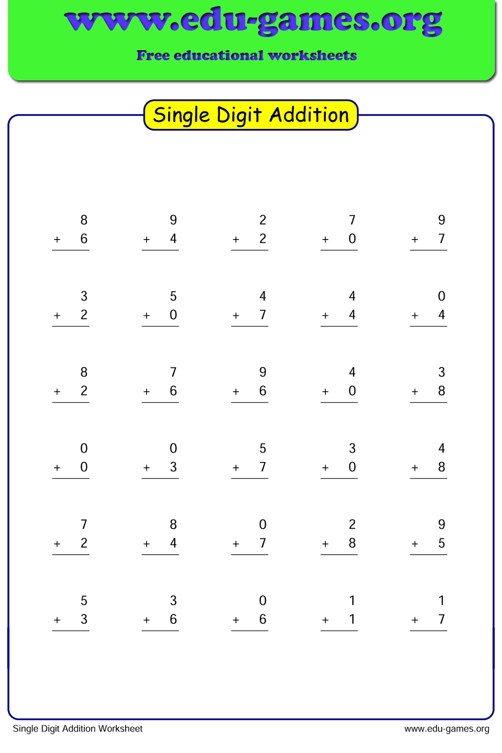 Single Digit Addition Worksheet Generator | Grade 1 | Free ...