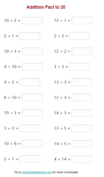 Addition Facts to 20 Worksheets (First Grade, printable)