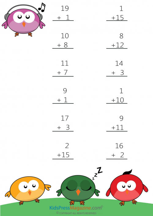 printable addition worksheet to 20
