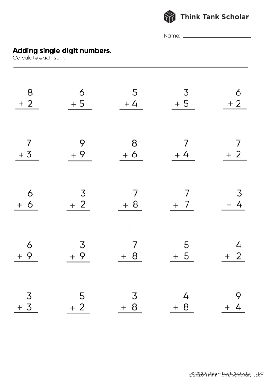 Addition Worksheets Exercises Printable PDF (FREE) - Think Tank ...