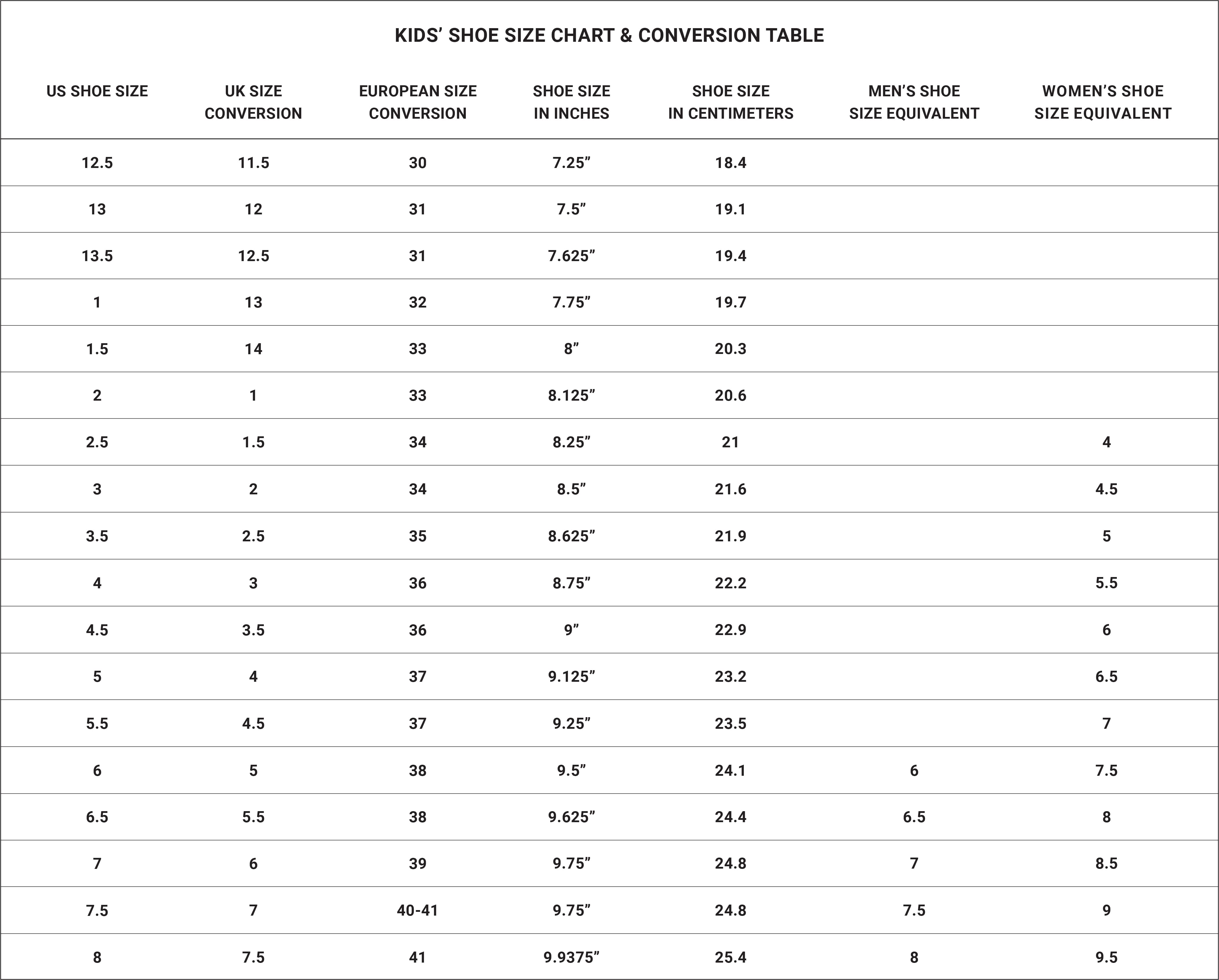 printable adidas shoe size chart