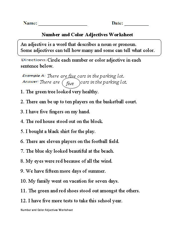 Regular Adjectives Worksheets | Number and Color Adjectives Worksheet