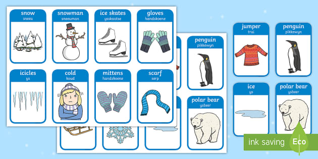 Winter Words and Picture Flashcards English/Afrikaans