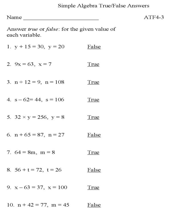 BlueBonkers - Algebra - True/False p3 (solution): free printable ...