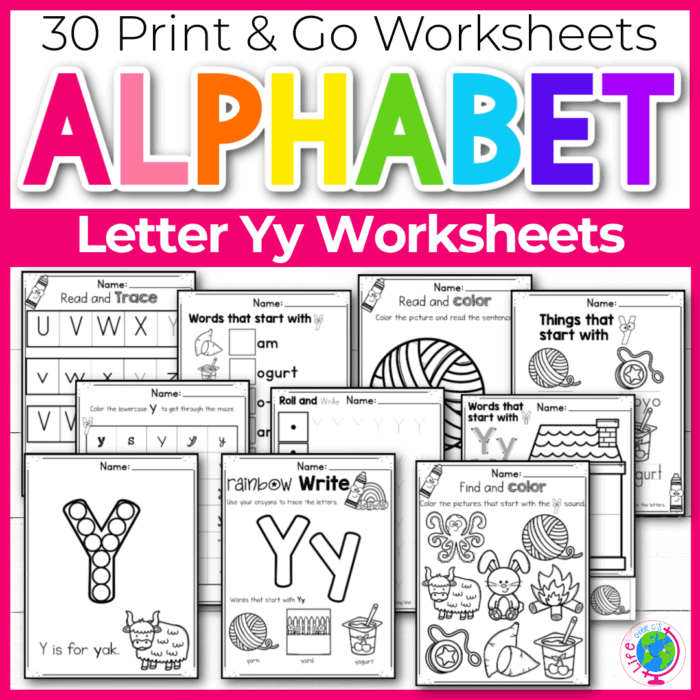 Free Printable Letter Y Alphabet Worksheets for Kids