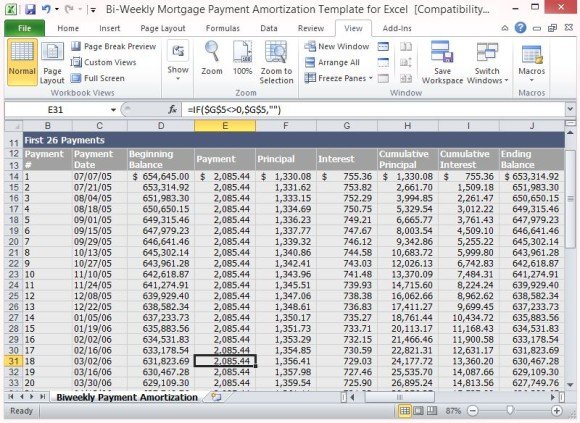 Bi-Weekly Mortgage Payment Amortization Template For Excel