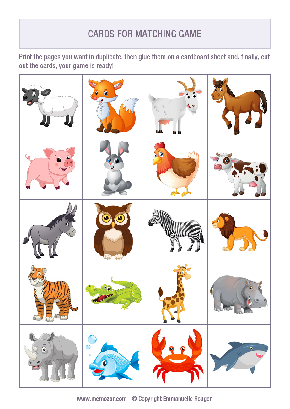 Printable Matching game Animals + 60 cards to cut out | Memozor