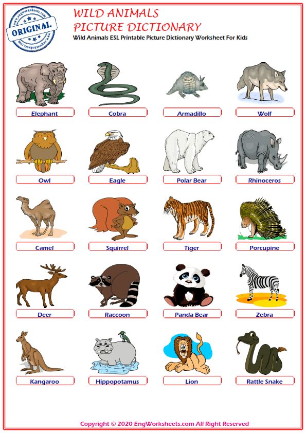 Wild Animals Printable English ESL Vocabulary Worksheets ...