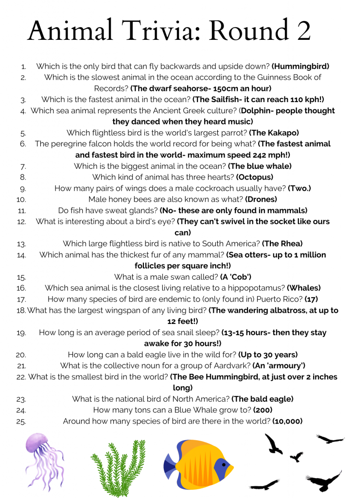 printable animal trivia questions and answers