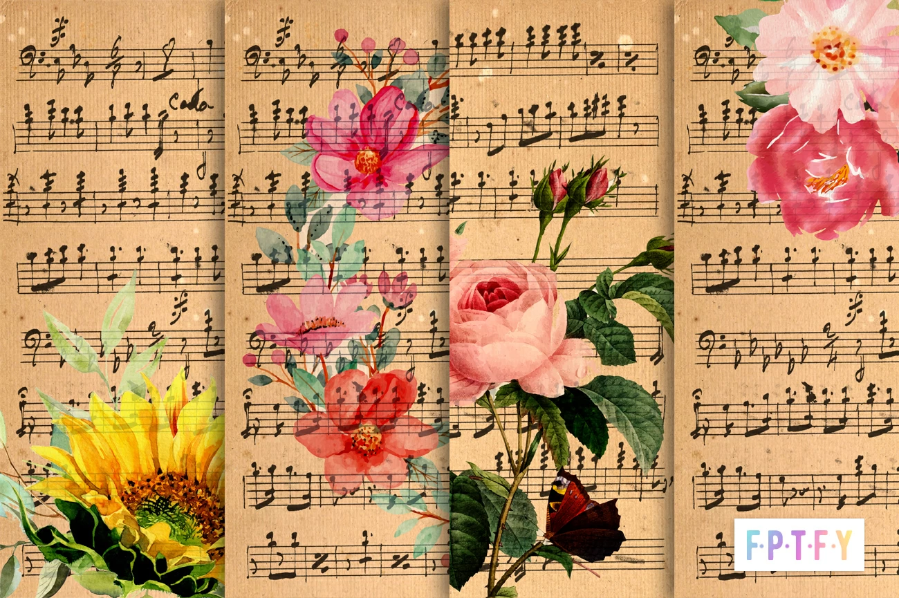 4 Free Vintage Floral Music Sheet Digital Paper Backgrounds - Free ...