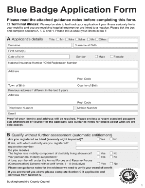 2012 Form UK Buckinghamshire Council Blue Badge Application Fill ...