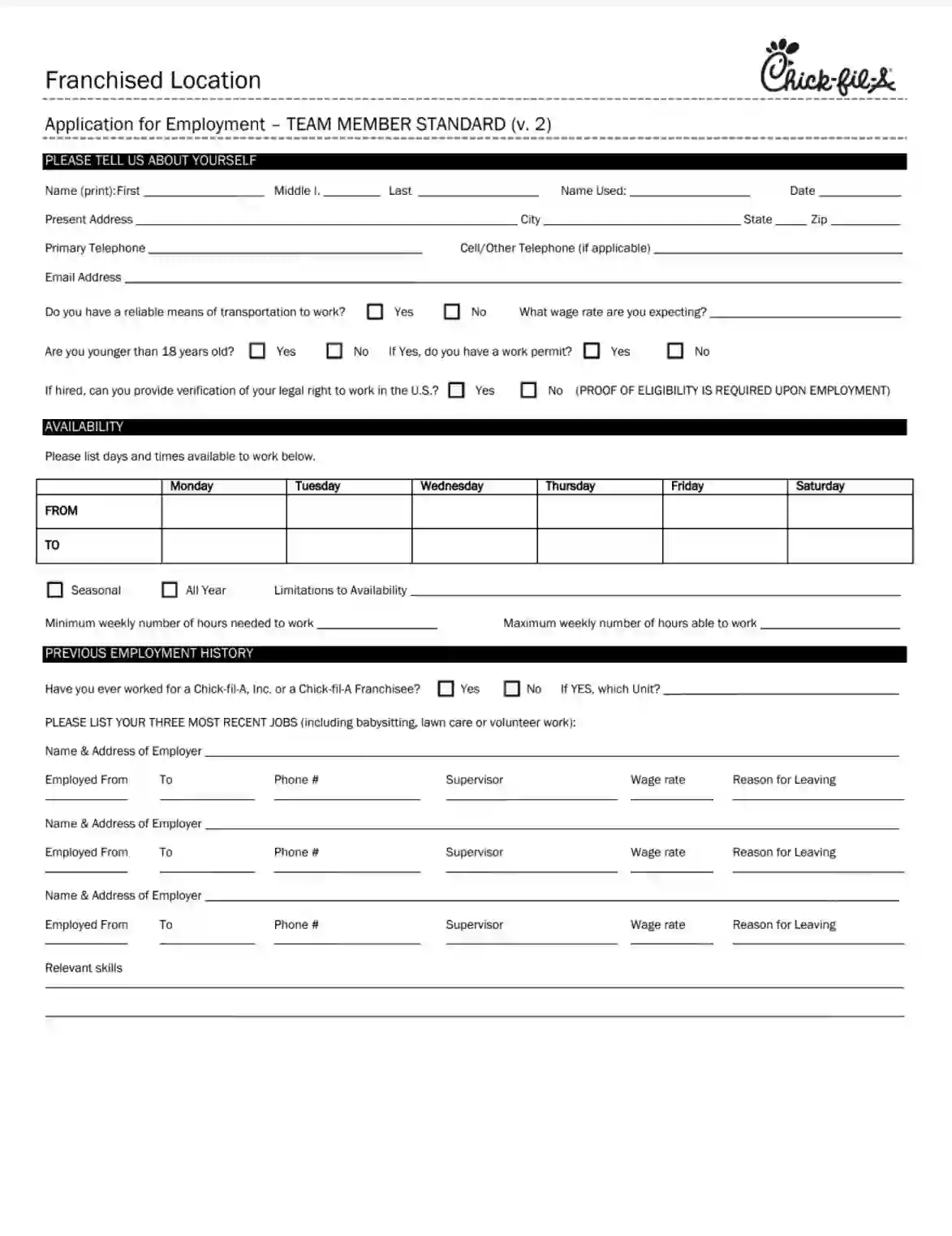 Chick Fil a Job Application ≡ Fill Out Printable PDF Forms Online