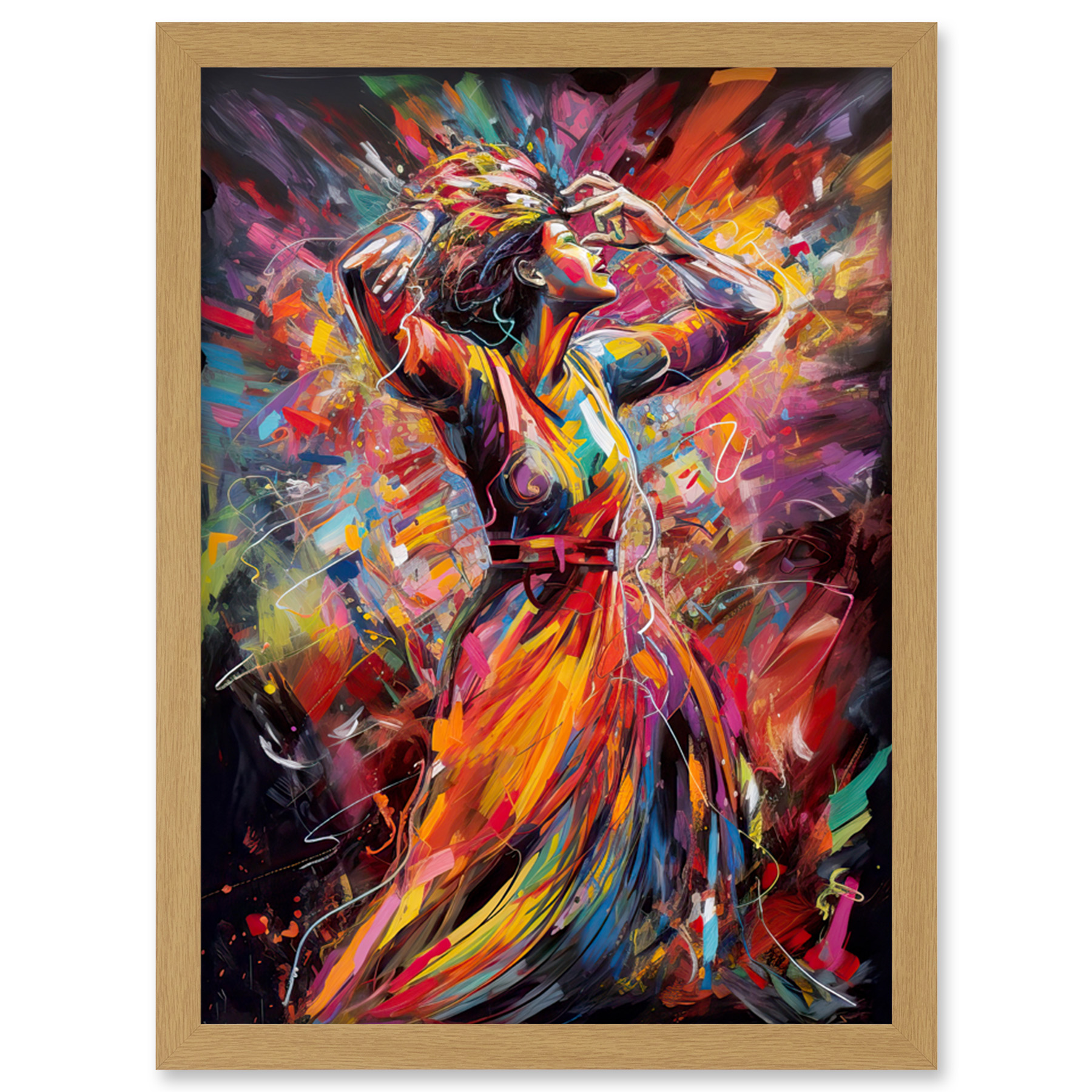 Happy Woman Dancing to Music Modern Vibrant Colour Artwork Framed Wall Art  Print A4