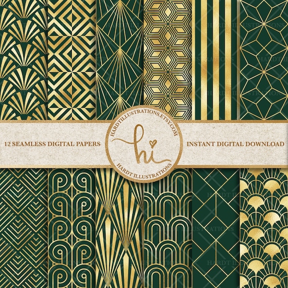 Emerald &  Gold Foil Art Deco Digital Paper, Geometric Design ...