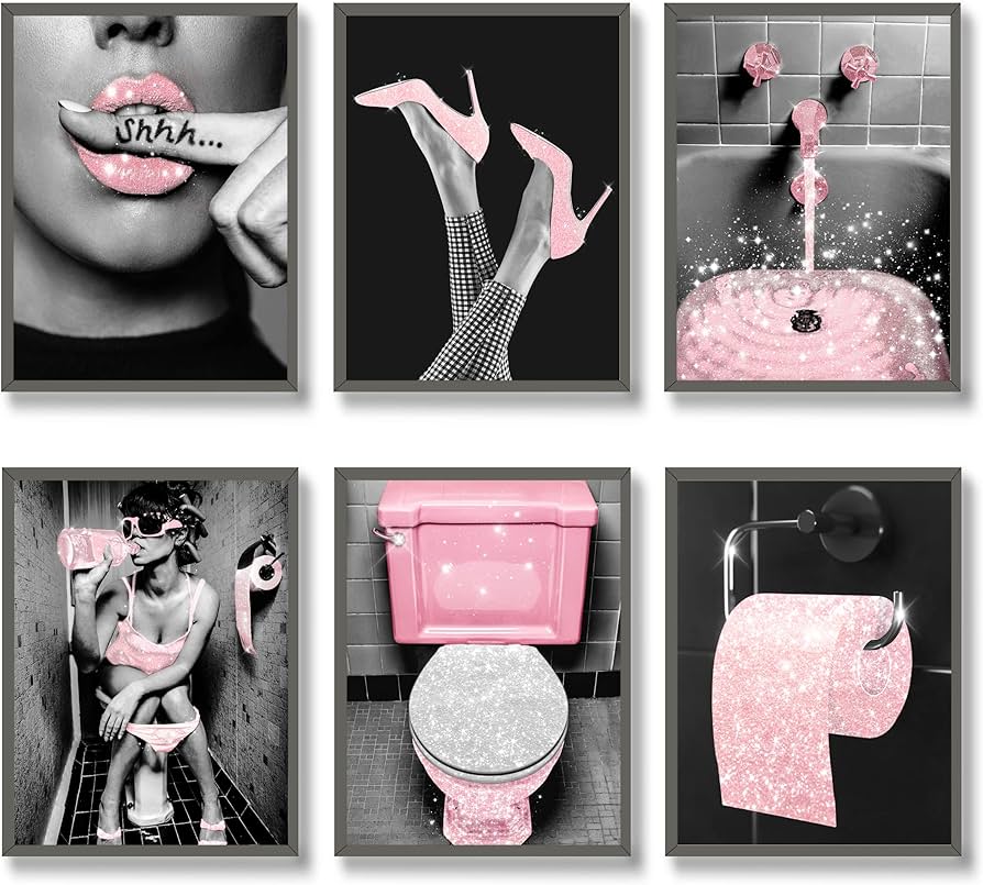 Luodroduo Fashion Wall Art Bathroom Decor Prints Set of 6 Pink Glam Glitter  Tissue Canvas Poster Pictures Photos Bathroom Artwork Wall Black and White  ...