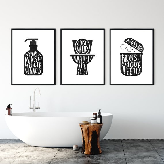 Bathroom Wall Decor, Printable Sign, Print Set of 3, Flush Toilet ...