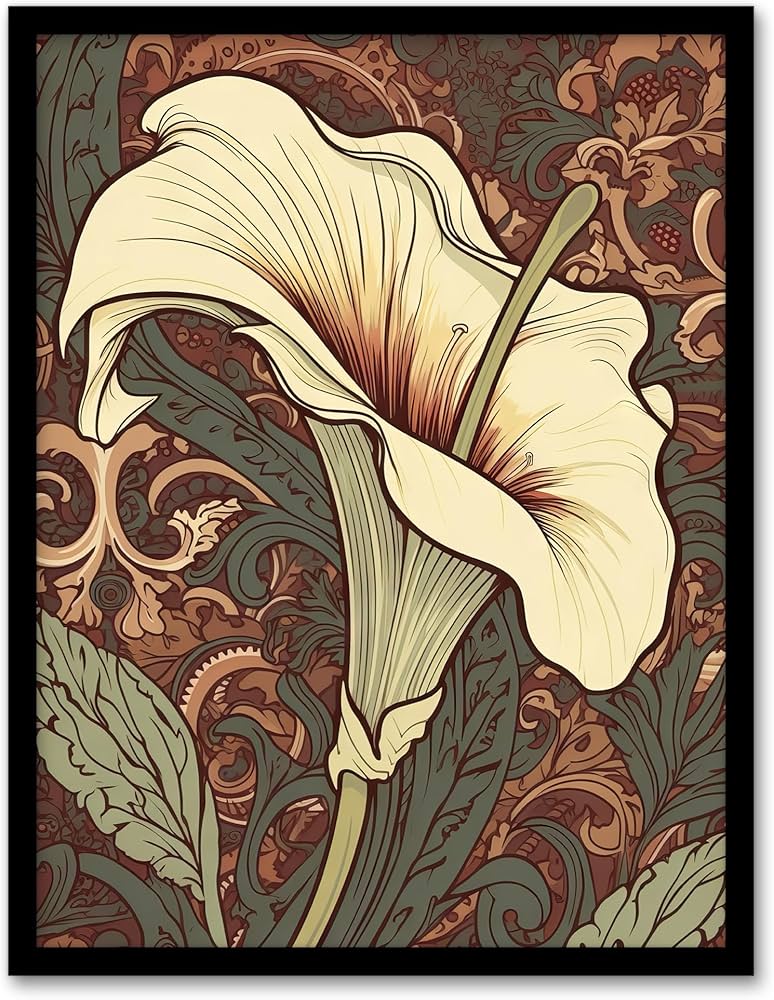 Artery8 Single White Cala Lily Flower Art Nouveau Painting Pastel 